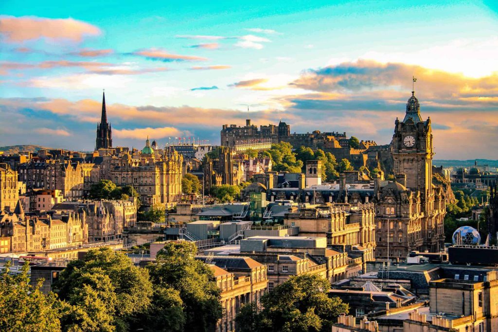 View of Edinburgh city at dusk with Edinburgh castle in the background